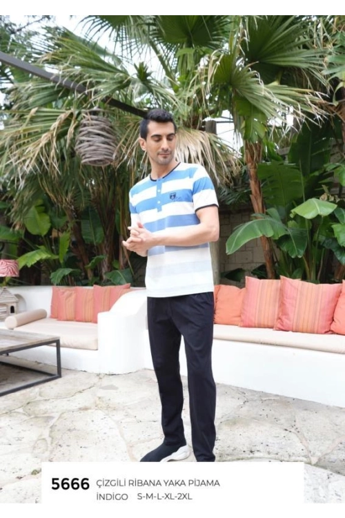 5666 CIZGILI RIBANA YAKA PIJAMA TAKIM